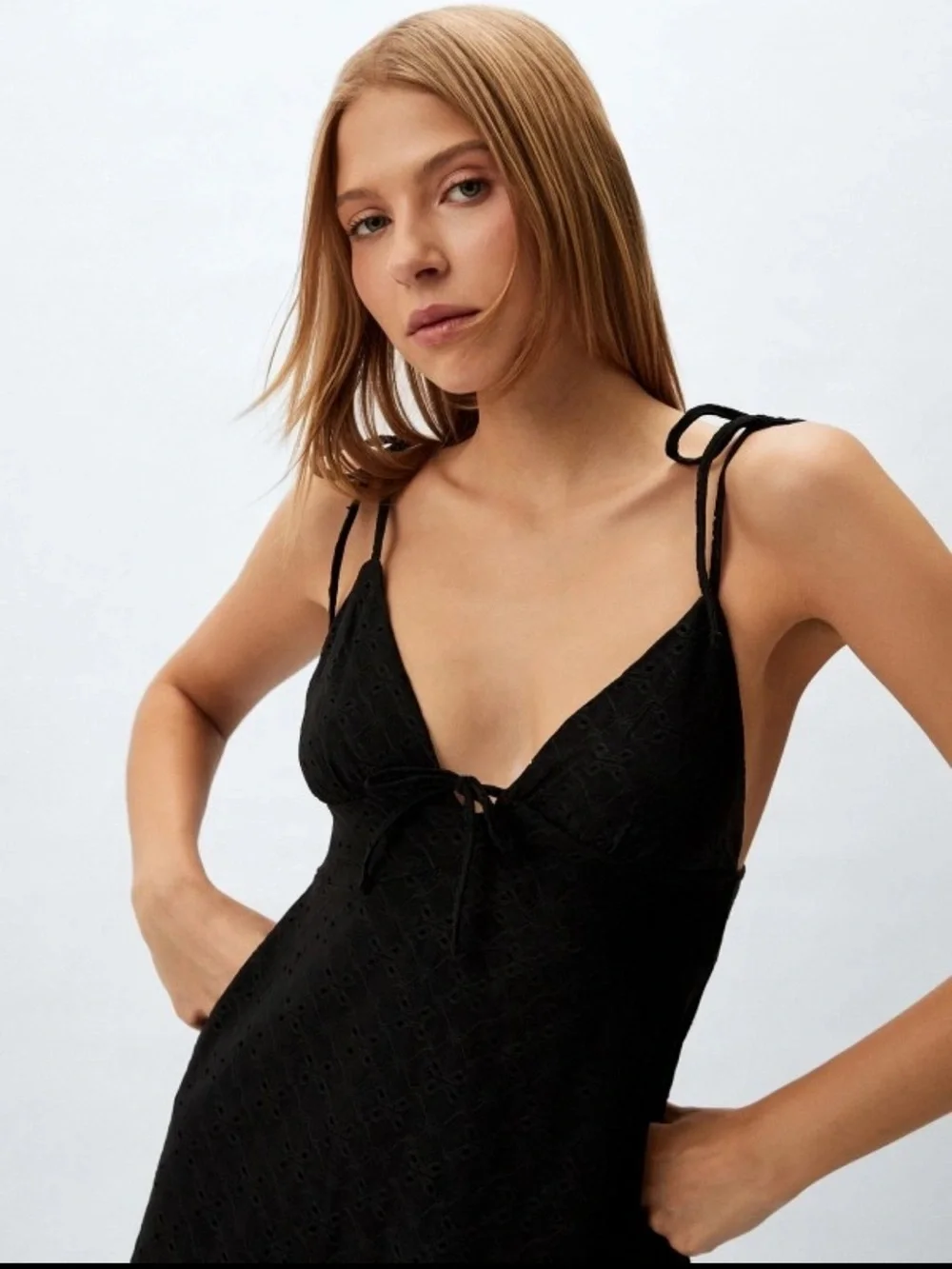 H&M Eyelet Mini Dress Black Ties Women  NWT Medium M